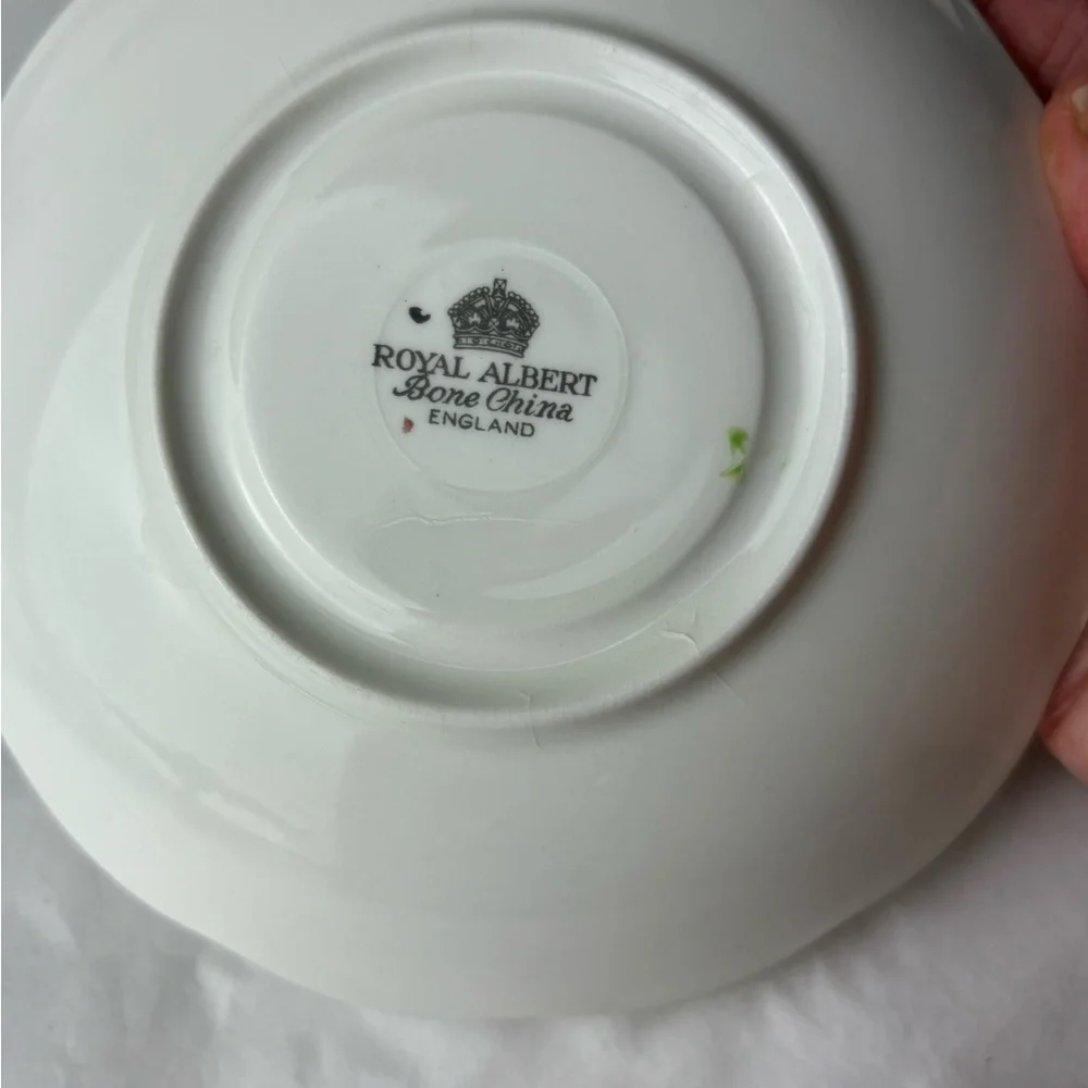 Royal Albert tea cup and saucer England Fine bone china Pink white & apple green